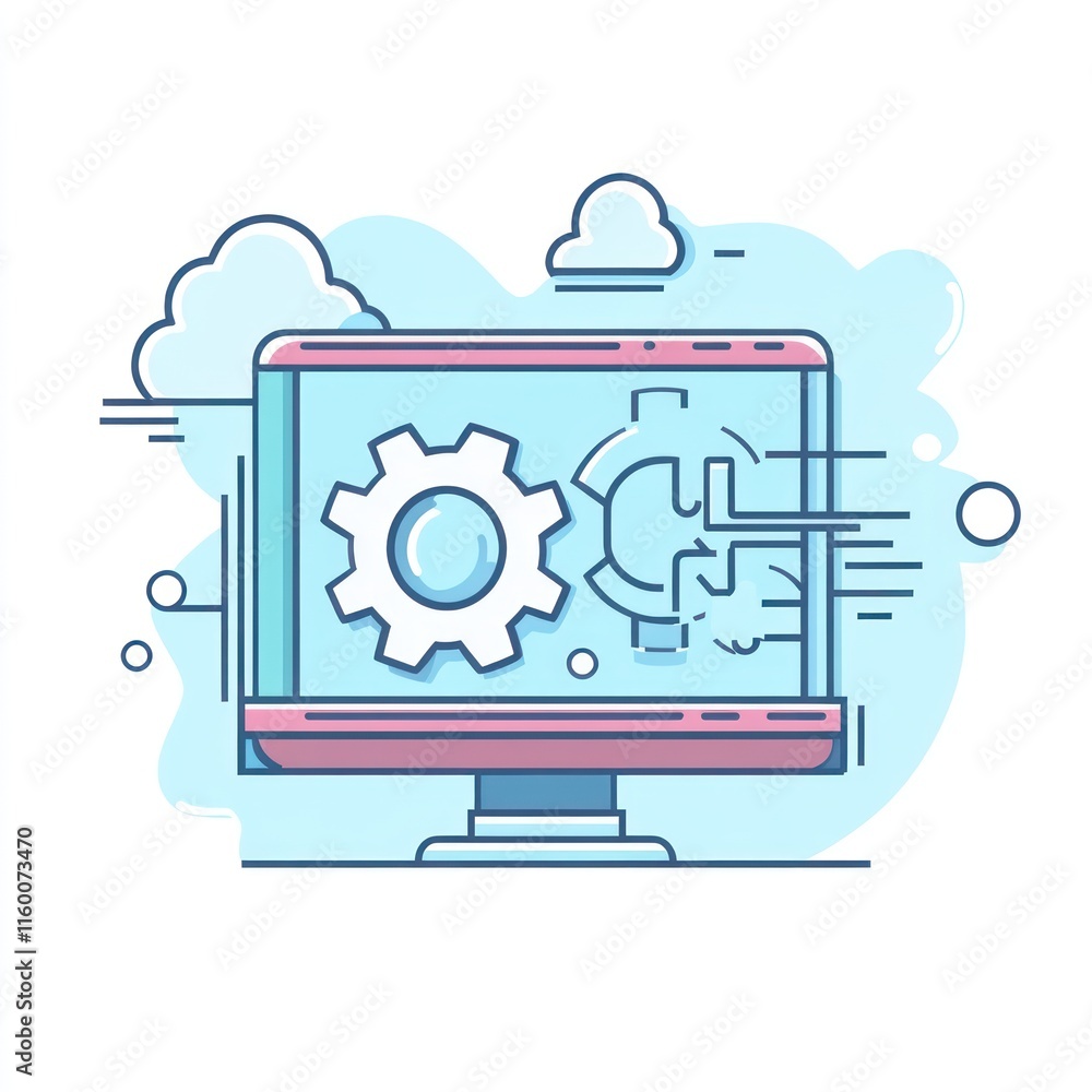 Poster computer screen displaying gear and circuit design, symbolizing software development or technologica
