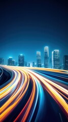 Fototapeta premium Vibrant Night Cityscape with Motion Blur of Light Trails and Skyscrapers in Urban Environment