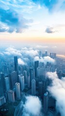 Fototapeta premium Aerial View of Skyscrapers Emerging from Clouds at Sunrise, Capturing the Beauty of Urban Architecture and Atmospheric Conditions in a Vibrant City Skyline