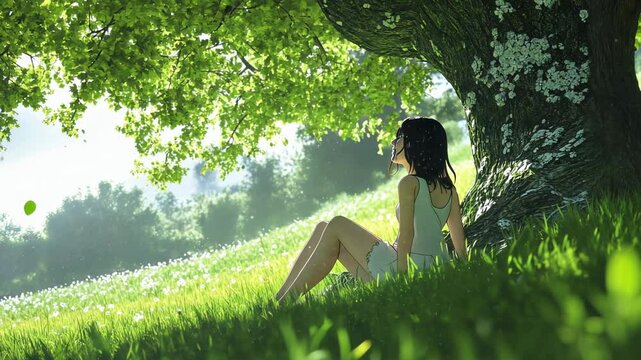 An anime girl sitting under an old tree, she is sad and crying, the background is green grass, anime style, pastel colors, illustration, detailed drawing, soft shadows, 