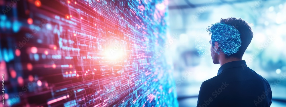 Aufkleber young professional analyzing digital data with futuristic visualization of artificial intelligence i