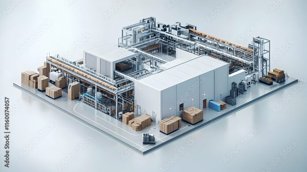 Aufkleber a 3d rendering of an industrial facility with storage and processing areas.