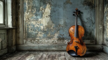 Vintage Cello Against Grungy Wall in Abandoned Historic Room