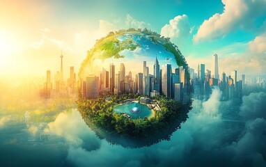 A vibrant Earth Day visual with a colorful globe, surrounded by ecofriendly cities, solar farms, and clean rivers, symbolizing the global commitment to environmental protection