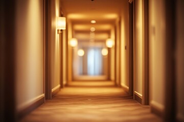 Fototapeta premium Warm-lit hotel corridor with doors and wall lights. Illustrates luxury, calm ambiance, and hotel interiors.