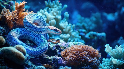Blue sea snake coiled on vibrant coral reef.