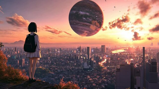 Beautiful anime girl overlooking a futuristic city with a giant planet in the sky, set against a sunset, anime style illustration, rendered with 3D animatio