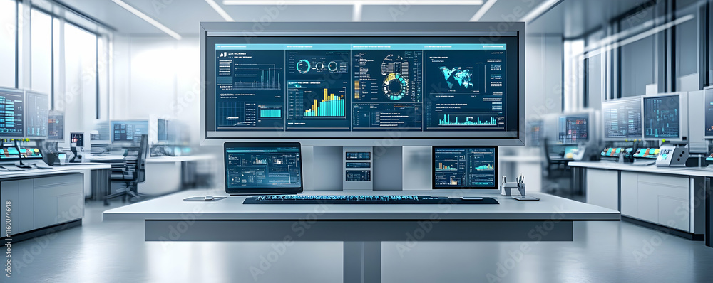 Poster a modern control room with multiple screens displaying data and analytics.