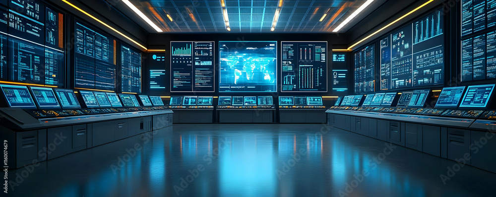 Poster a futuristic control room with screens displaying data and analytics.