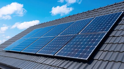 Solar Panels Installed on a Rooftop for Sustainable Energy Generation Against a Clear Blue Sky with Fluffy Clouds