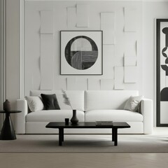 Minimalist living room, neutral tones, concrete wall, abstract circular artwork, low profile sofa, round coffee tables, sculptural vases, potted plant, natural light, floor-to-ceiling windows, texture