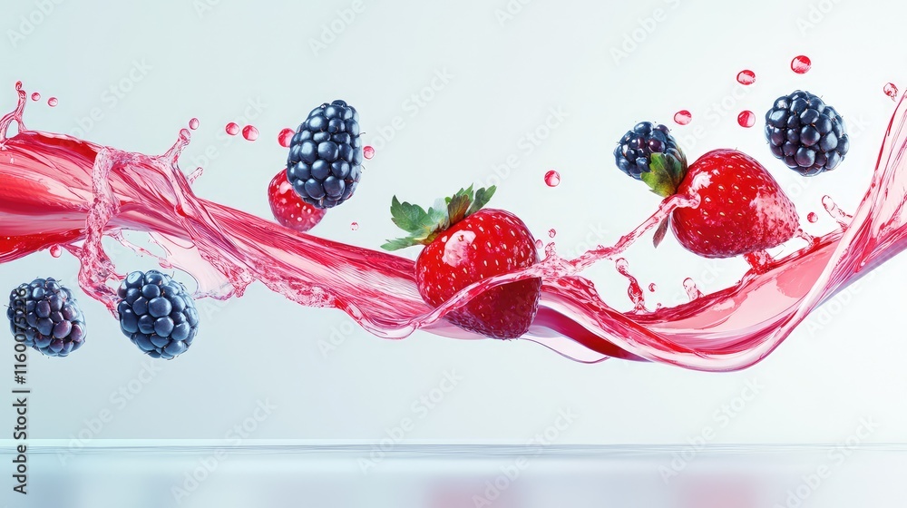 Poster fresh berries splashing in water with dynamic movement and color