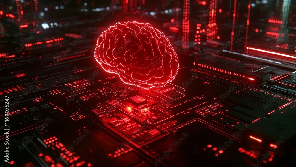 Poster red glowing brain on a circuit board.