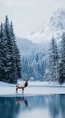 Fototapeta premium Majestic Elk Standing in Snowy Landscape Near Tranquil Lake