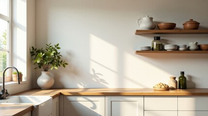Bright Sunlight Illuminates a Modern Minimalist Kitchen Featuring a Light Wood Countertop, Simple White Cabinets, and Wooden Shelves Displaying Earthy-toned Kitchenware and Greenery