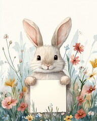 Watercolor fluffy bunny with a blank card nestled among colorful flowers, perfect for writing personal and special notes with a touch of warmth