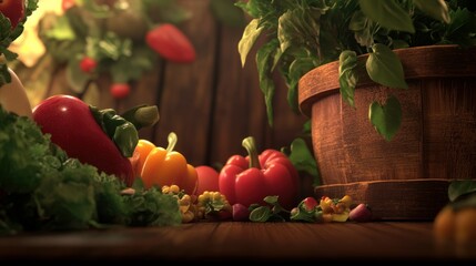 A colorful arrangement of fresh fruits and vegetables on a wooden table, including apples, bell peppers, and leafy greens, captured in sharp 4K detail.