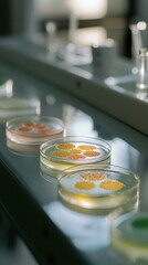 Petri Dishes with Colorful Microbial Cultures in a Laboratory Setting