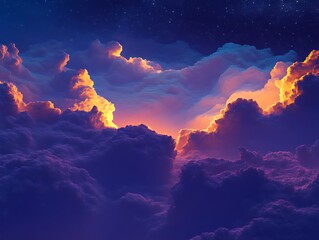 Golden Sunset Cloudscape Above Night Sky Stars