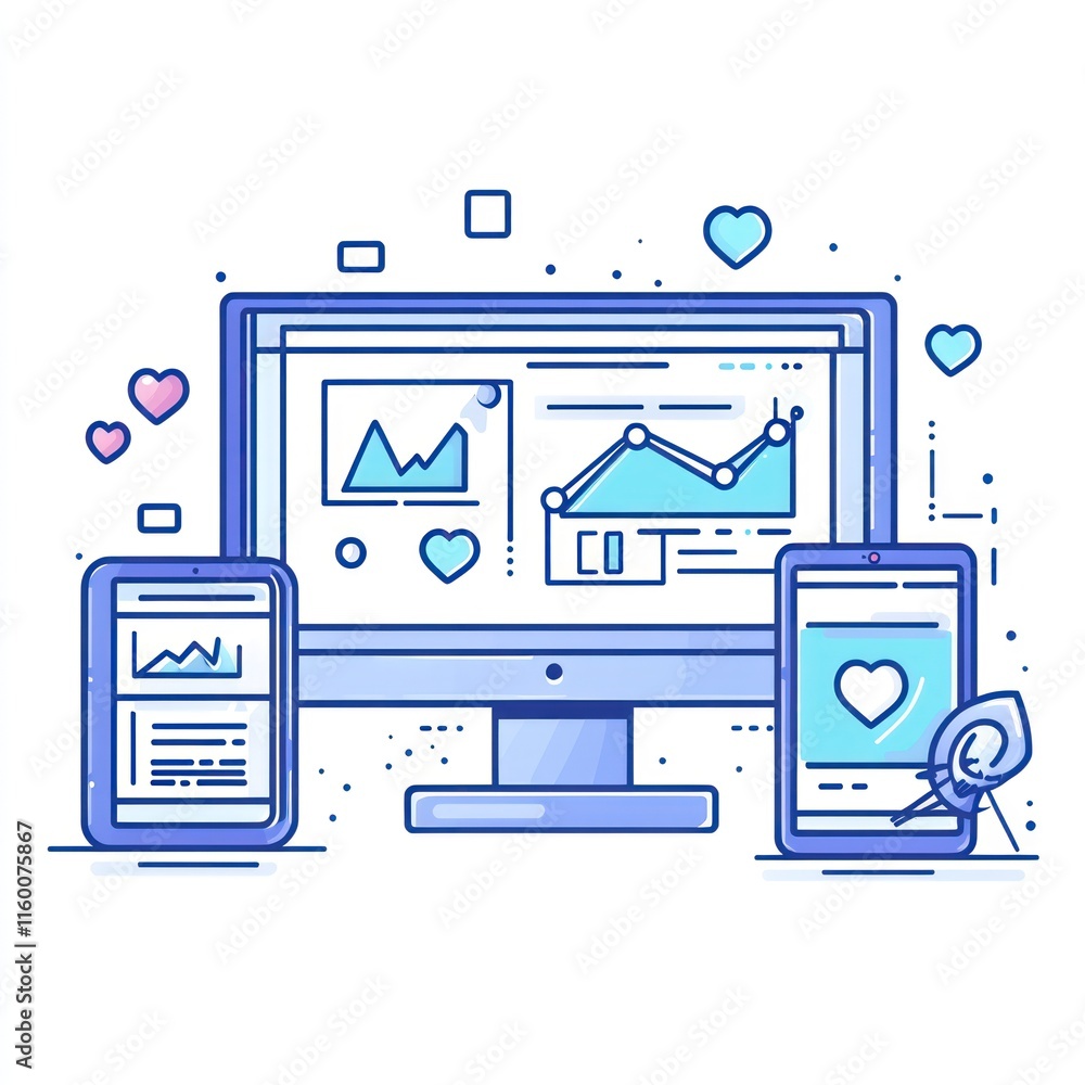 Poster responsive web design with charts and hearts on computer and mobile devices.