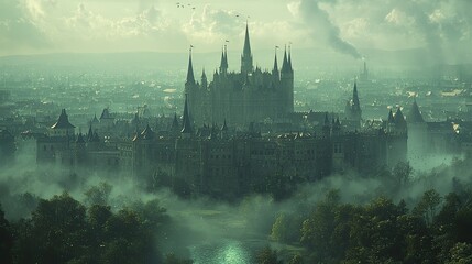 Fototapeta premium A majestic castle shrouded in mist, surrounded by a vast landscape.