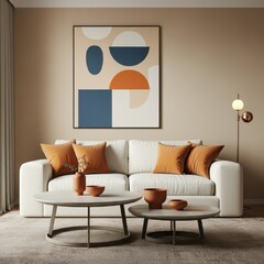 modern living room interior, minimalist abstract artwork, white sofa, orange and blue accent pillows, wooden coffee table, wall sconces, warm ambient lighting, beige wall panels, contemporary design, 