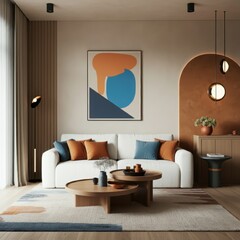 modern living room interior, minimalist abstract artwork, white sofa, orange and blue accent pillows, wooden coffee table, wall sconces, warm ambient lighting, beige wall panels, contemporary design, 
