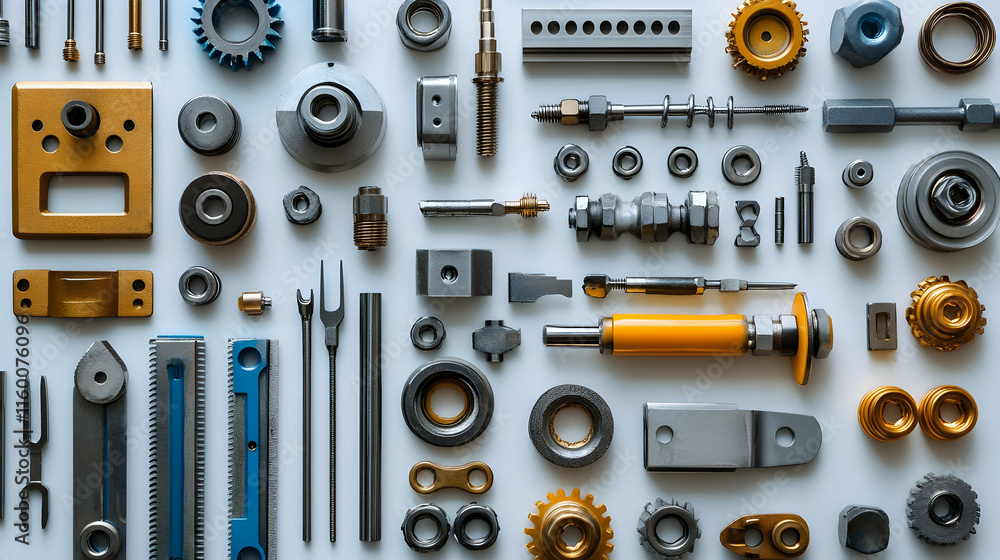 Poster a collection of mechanical parts and tools arranged systematically for industrial use.