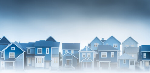 A small model of houses in blue and white colors. Real estate market growth