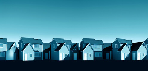 A small model of houses in blue and white colors. Real estate market growth