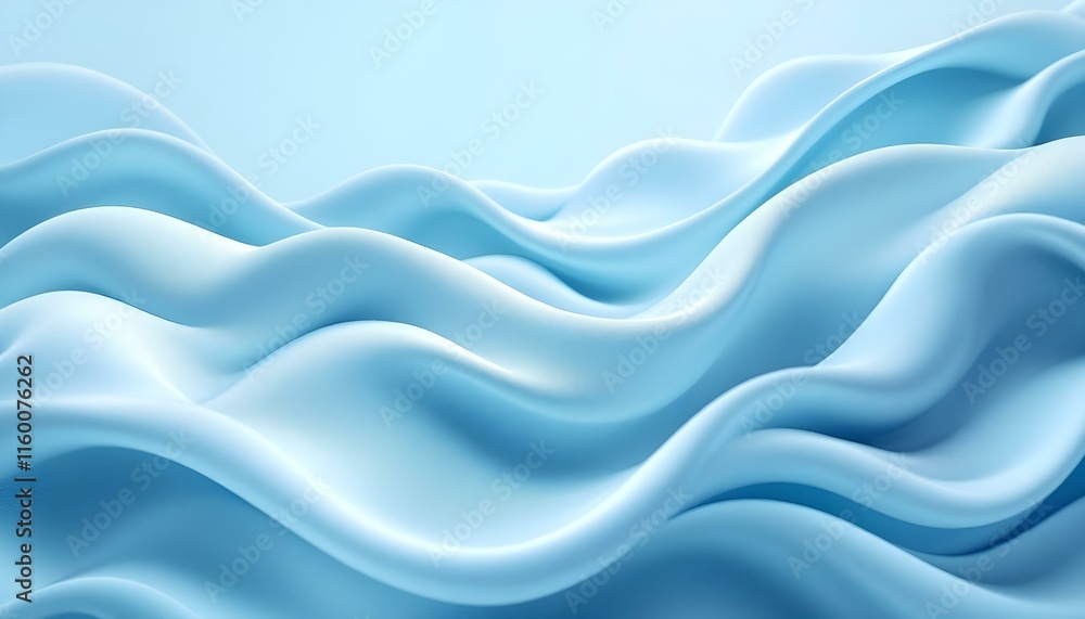 Poster pastel light blue background with flowing waves and soft highlights. elegant, minimalist design evok