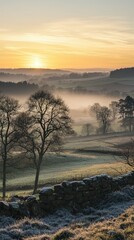 Tranquil Sunrise Over Misty Countryside Landscape with Frost