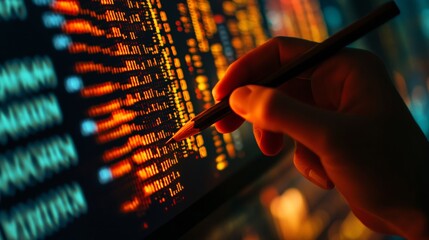  C# code, hand with pencil points c sharp programming language code on monitor