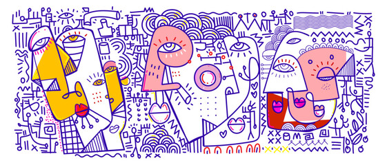 abstract hand drawing face portrait doodle geometric decorative  outlines vector illustration. Line art aesthetic design for wall art, prints, cards, poster, decoration, bannner.
