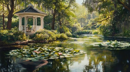 Obraz premium A Serene Garden Gazebo and Pond
