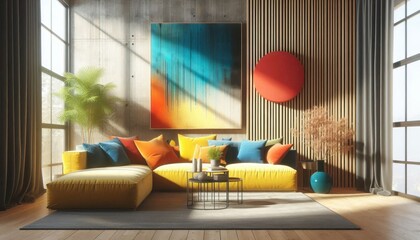 Modern living room, bright yellow sofa, vibrant interior design, red circular wall art, blue abstract wall sculpture, wooden slatted accent wall, natural light, minimalist decor, color pop accents, co