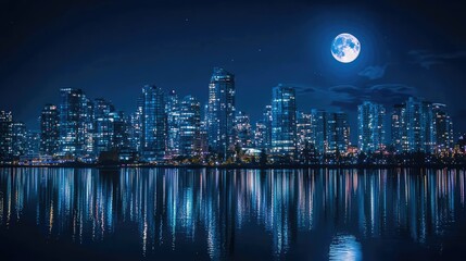 Nighttime City Skyline Reflection with Moonlit Sky over Water