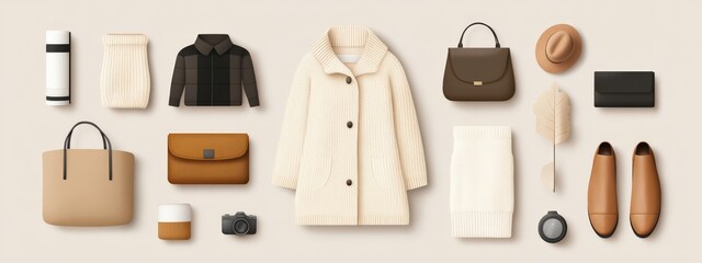 Stylish Autumn Fashion Flat Lay with Cozy Sweater, Handbag, and Accessories in Warm Tones on Neutral Background for Seasonal Inspiration and Outfit Ideas