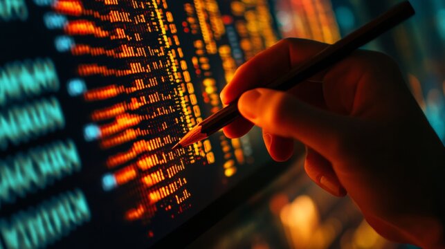  C# code, hand with pencil points c sharp programming language code on monitor