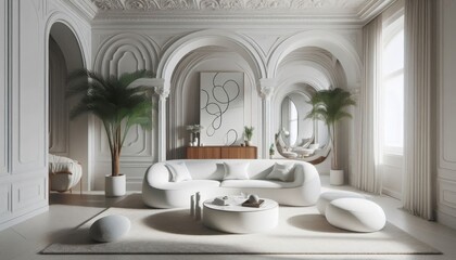 Elegant living room, curved white sofa, wooden coffee table, arched mirror, ornate ceiling moldings, large windows, natural light, potted palm tree, minimalist design, neutral color palette, hardwood 