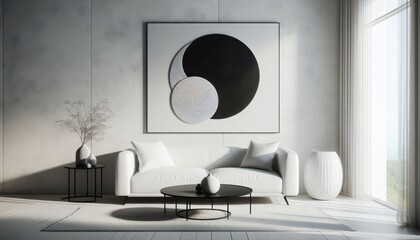 Minimalist living room, neutral tones, concrete wall, abstract circular artwork, low profile sofa, round coffee tables, sculptural vases, potted plant, natural light, floor-to-ceiling windows, texture