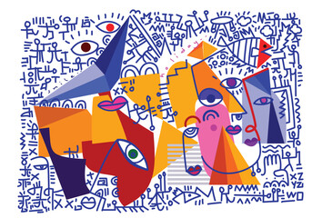 abstract hand drawing face portrait doodle geometric decorative  outlines vector illustration. Line art aesthetic design for wall art, prints, cards, poster, decoration, bannner.