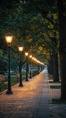 Obraz premium Serene Evening Stroll Along Tree-Lined Path with Street Lamps