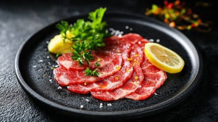 Slices of raw wagyu beef showcasing intricate marbling, arranged artfully on a black ceramic plate, with garnishes of parsley and lemon, detailed in 4K.