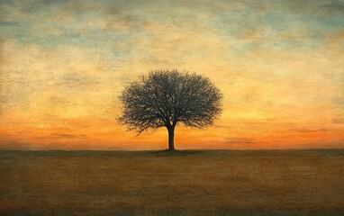 Fototapeta premium A single tree standing in a peaceful field, symbolizing personal strength, growth, and the power of faith, under a warm golden sunset