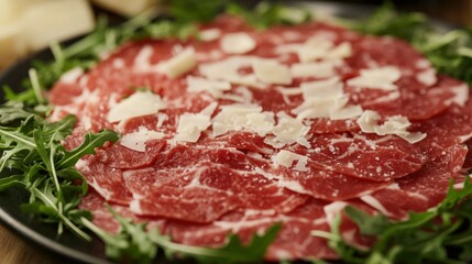 Obraz premium Thin slices of raw beef carpaccio spread on a plate, decorated with arugula, parmesan shavings, and a drizzle of olive oil, highly detailed in 4K.