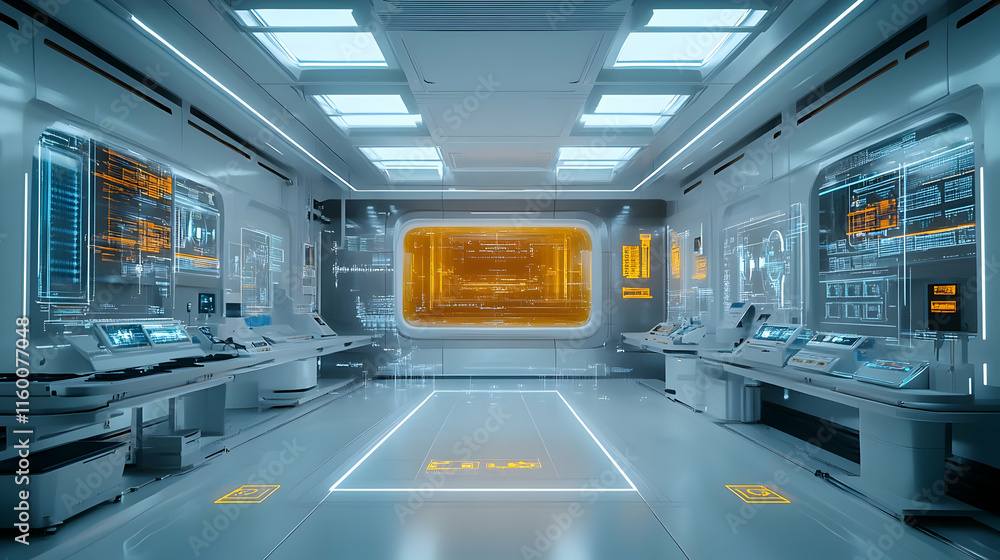 Poster futuristic control room with advanced interfaces and screens for monitoring and data analysis.