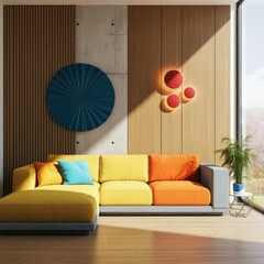 Modern living room, bright yellow sofa, vibrant interior design, red circular wall art, blue abstract wall sculpture, wooden slatted accent wall, natural light, minimalist decor, color pop accents, co
