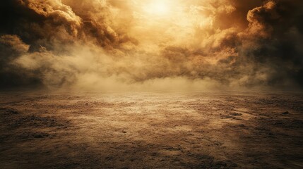 Dramatic Sunset Over Barren Landscape with Moody Cloud Formation