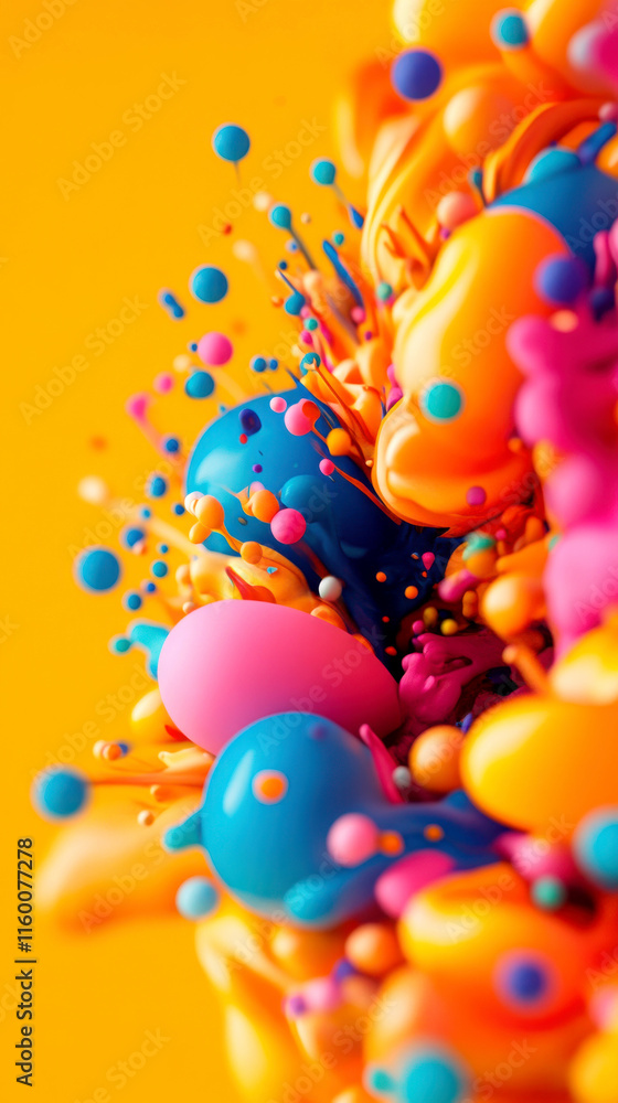 Poster colorful abstraction of 3d spheres and dynamic shapes.